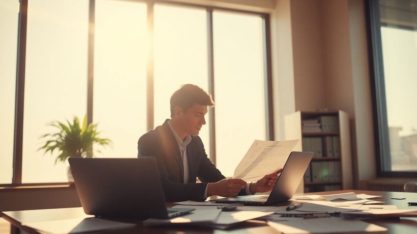 Person reviewing grant documents in a bright NSW office.