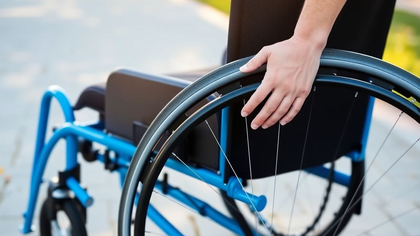 Sleek blue wheelchair with hands on wheels outdoors.