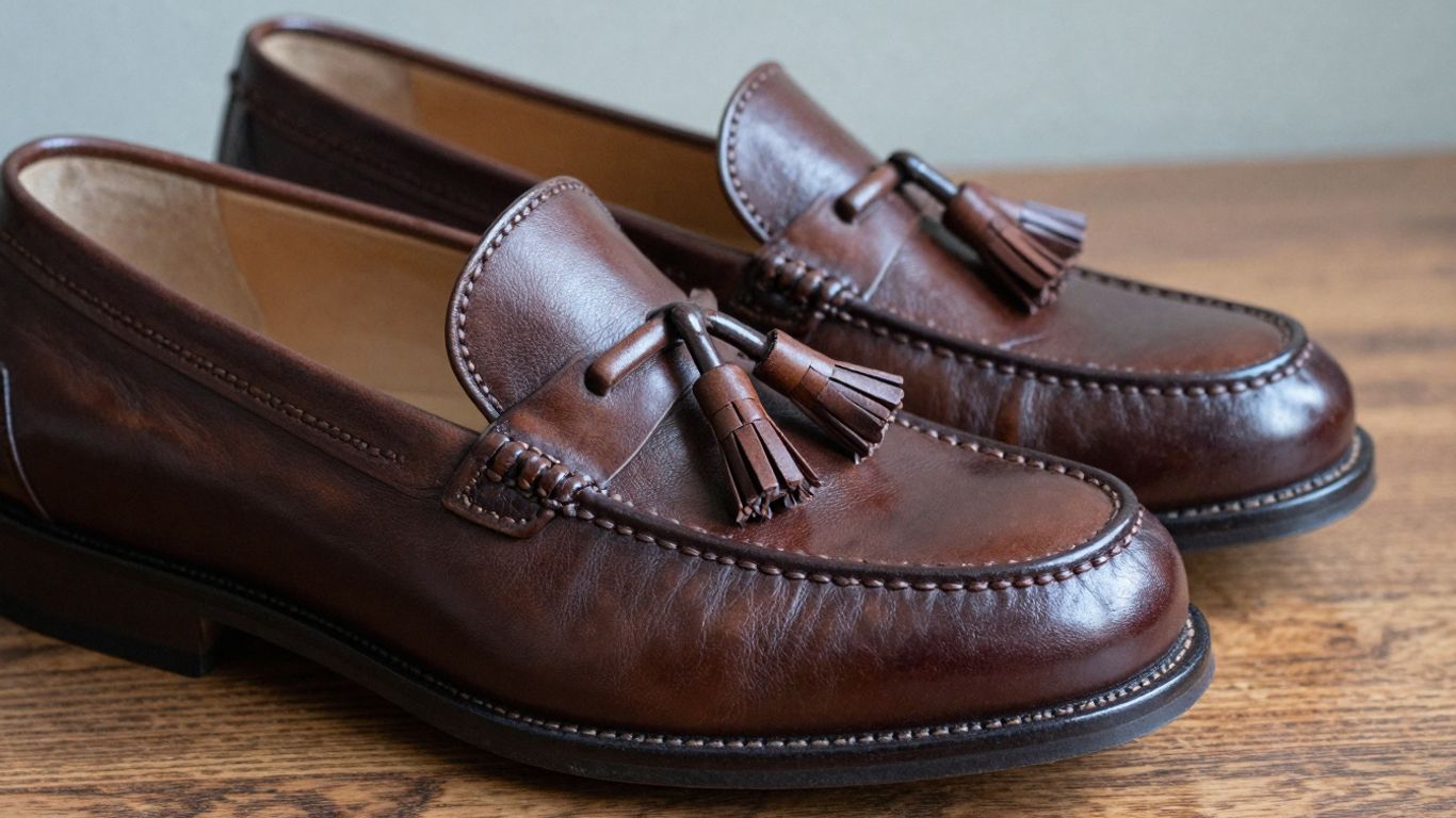 Classic brown leather tassel loafers on a wooden surface.