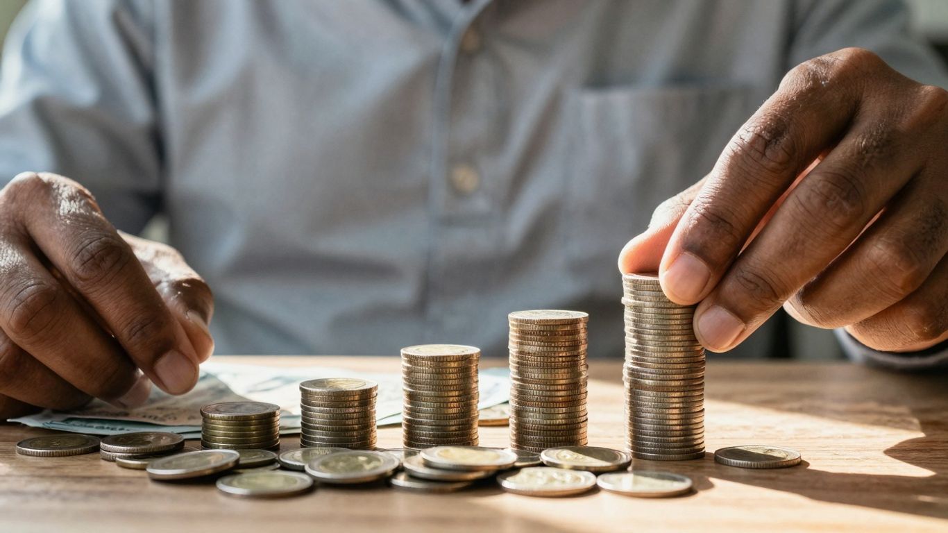 Person stacking money, financial growth and stability.