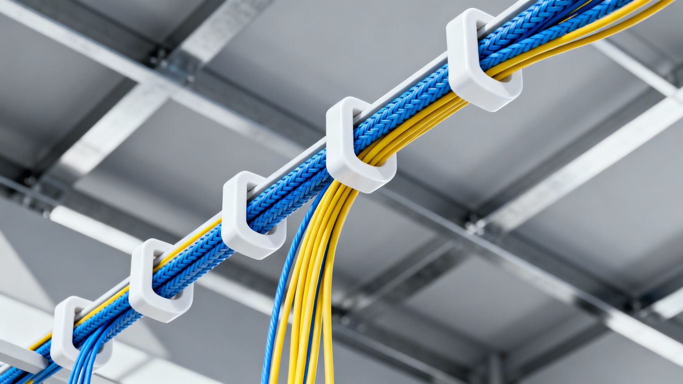Plastic J-hooks securing colorful network cables