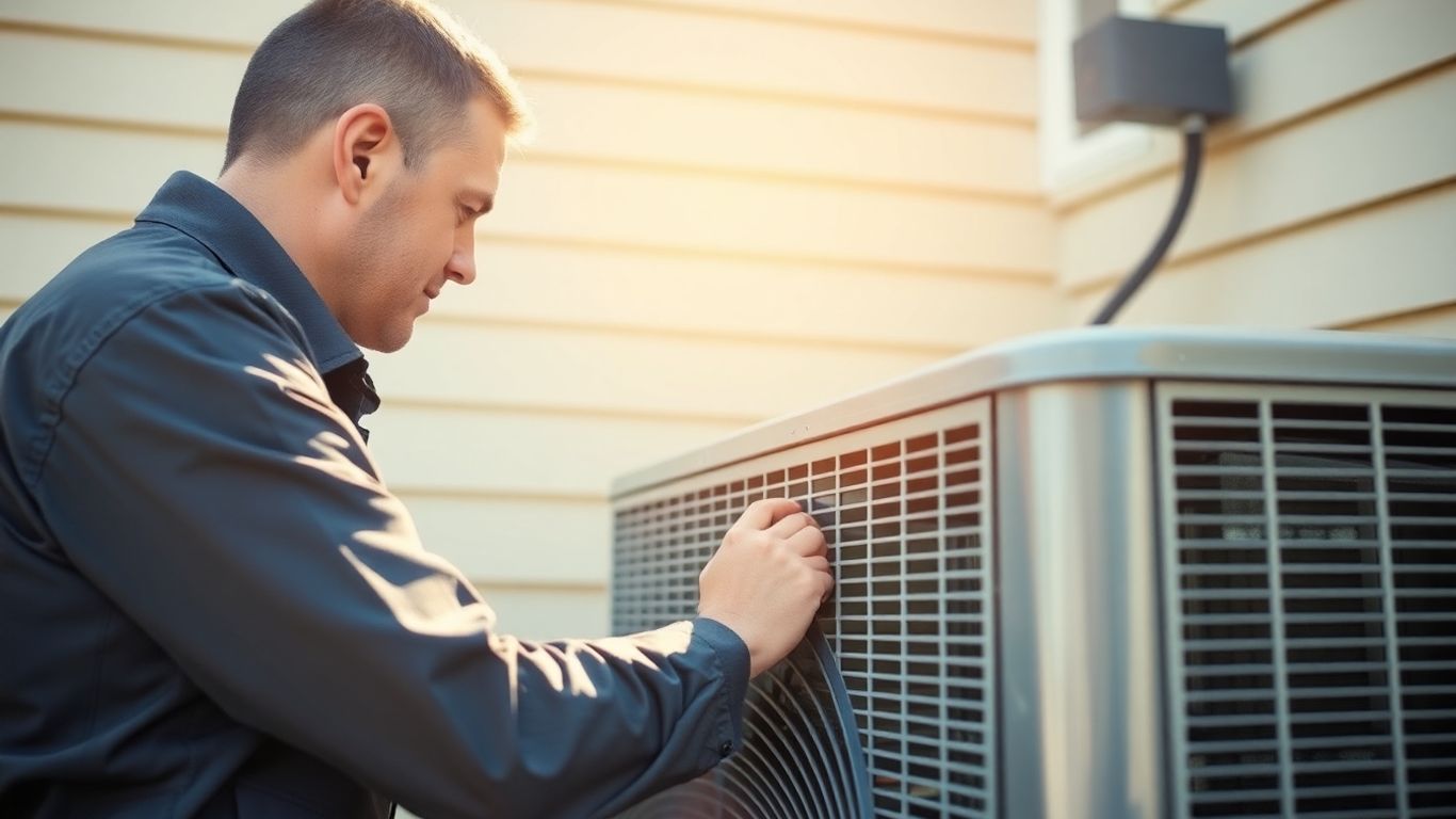 HVAC technician inspecting an outdoor air conditioning unit.