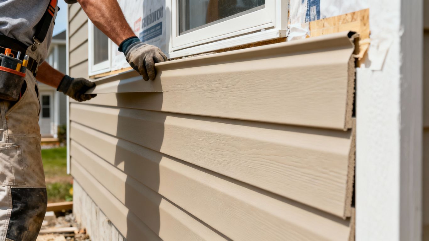 Worker installing siding on a house exterior.