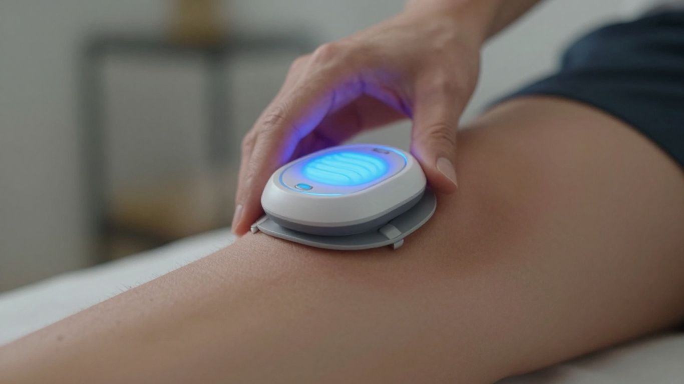 PEMF therapy device on a leg emitting blue light.