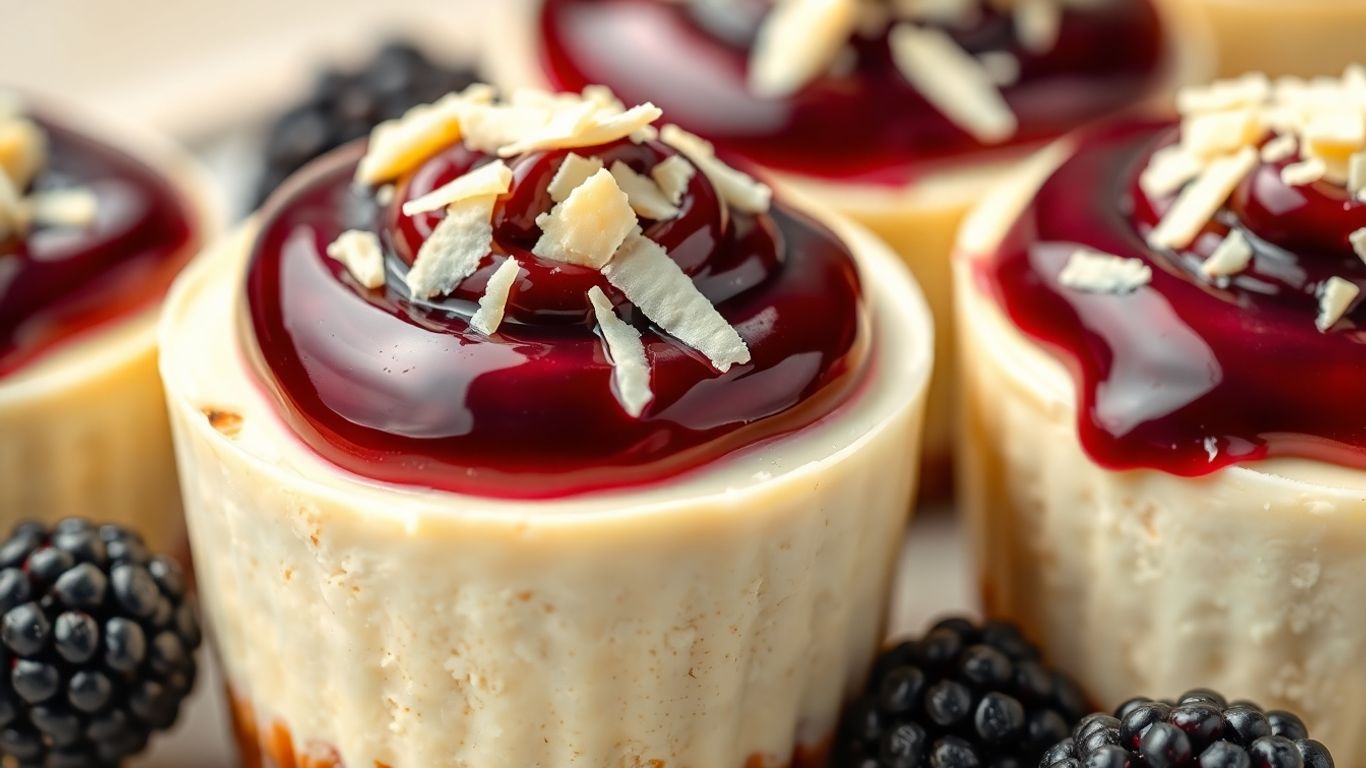 Blackberry white chocolate cheesecake cup with purple topping.