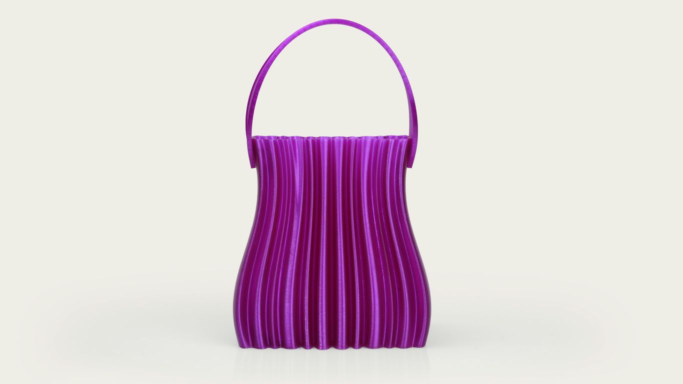 A purple striped basket with a handle
