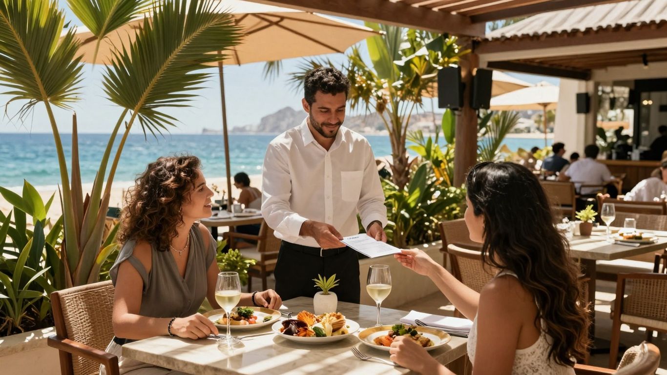 Couple dining at a Cabo restaurant with ocean view.