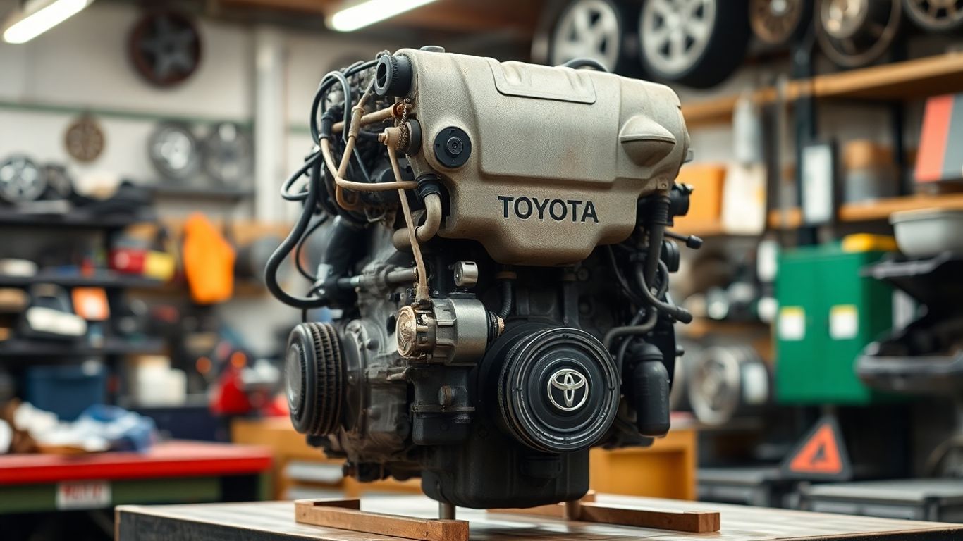 Used Toyota Kluger engine on workshop bench in garage