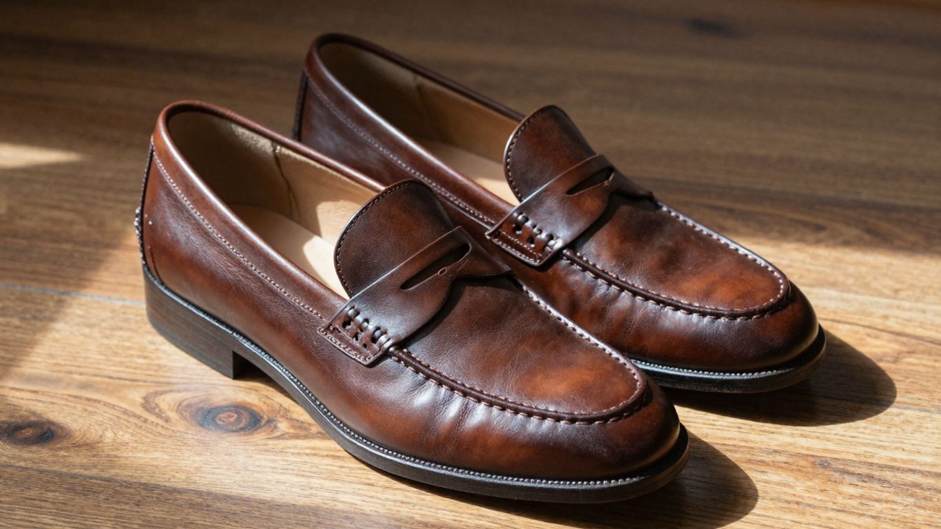 Classic brown penny loafers on a wooden floor.