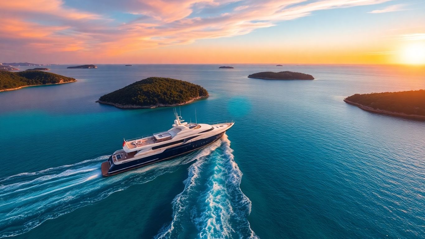 Yacht di lusso che naviga in una caletta croata al tramonto.