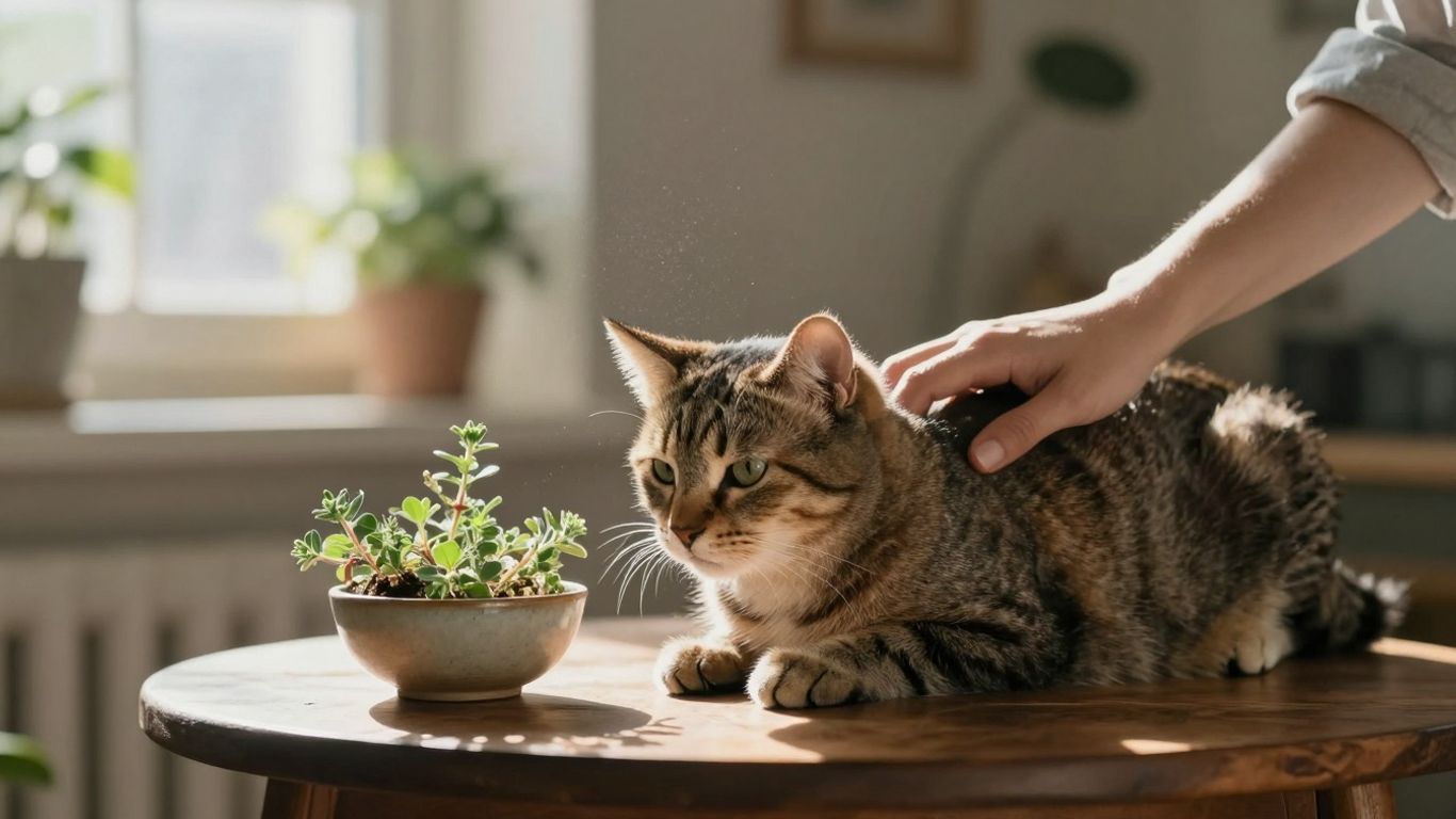 Person petting cat with herbs nearby