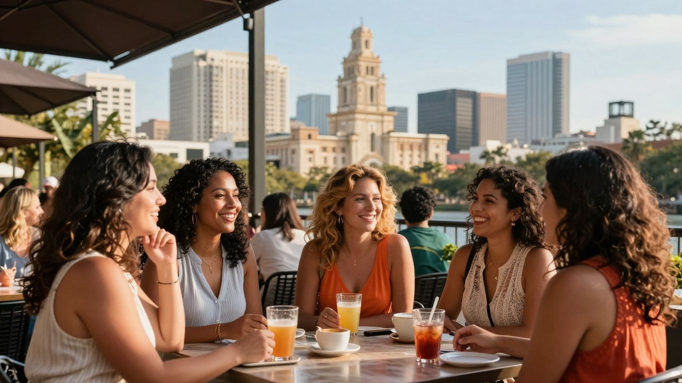 San Antonio skyline with women at an outdoor cafe.