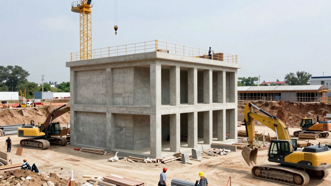 Lift station construction site with heavy machinery and workers.
