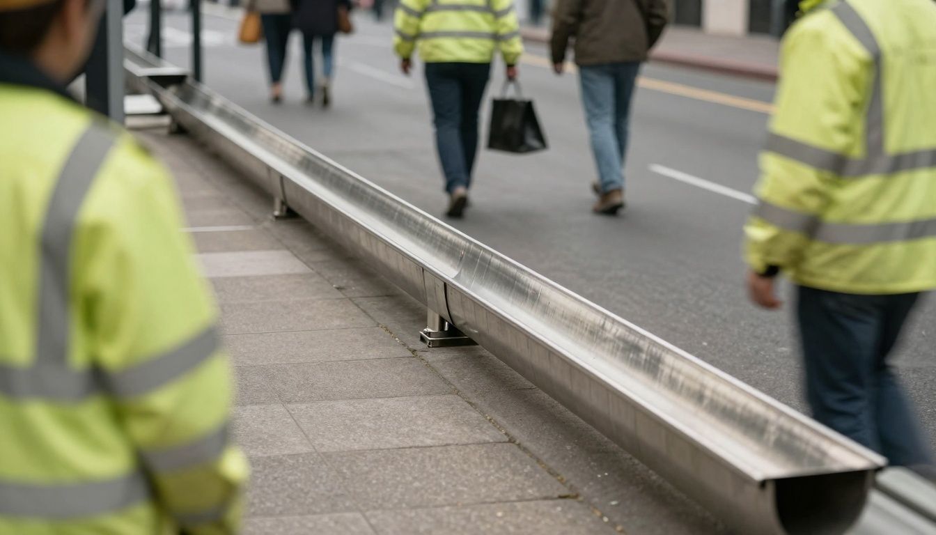 Australian made stainless steel drainage channel installed in high-traffic urban setting
