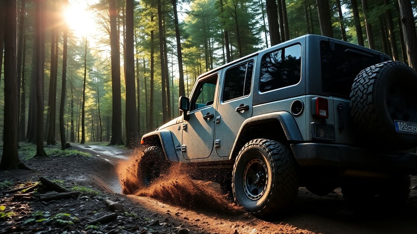 Jeep Wrangler auf schlammigem Waldweg