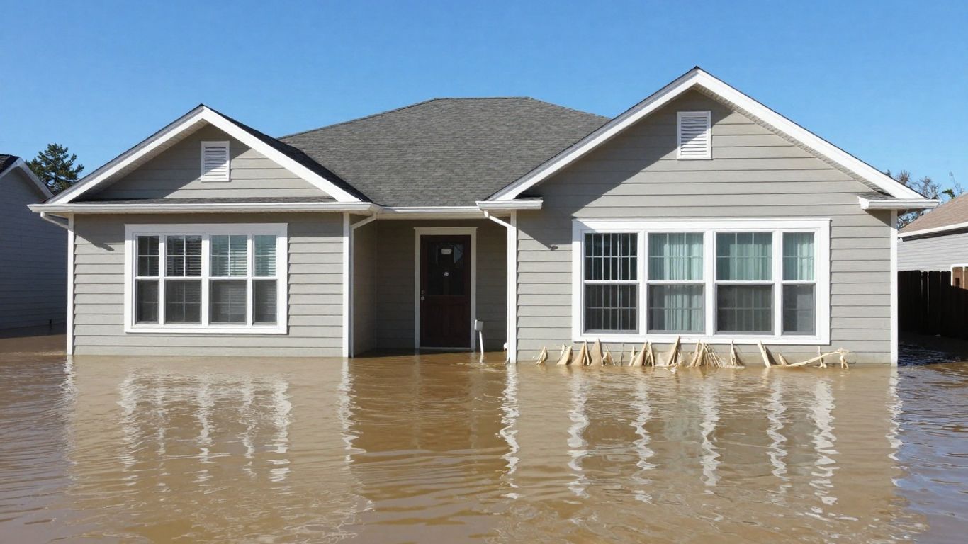 House surrounded by floodwaters under a clear sky.