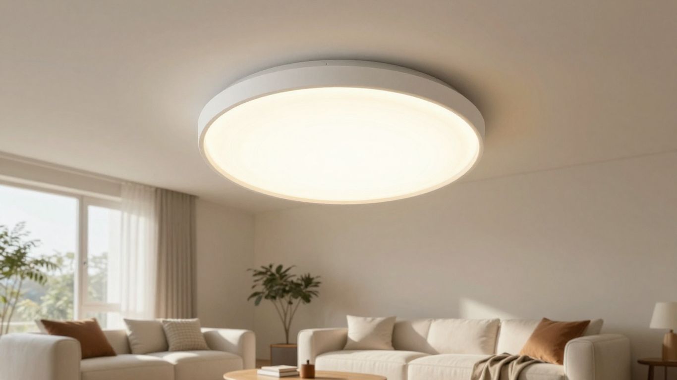 Modern living room with a flush mount ceiling light.