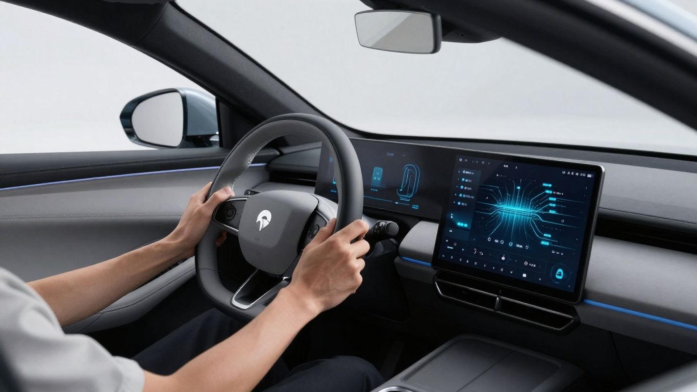 Futuristic electric car interior with glowing digital dashboard.