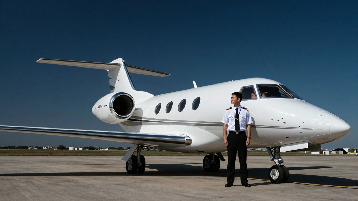 Flexjet private jet and pilot on tarmac.