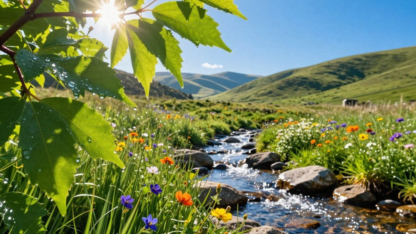 Vielfältige Naturlandschaft mit Sonne, Blättern, Wasser und Blumen.