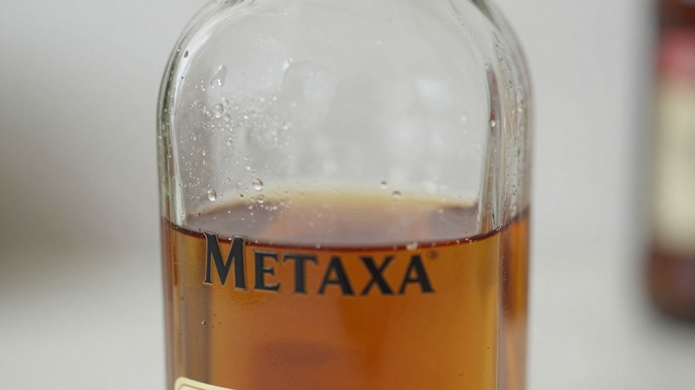 Sticlă de Metaxa, băutură grecească tradițională.