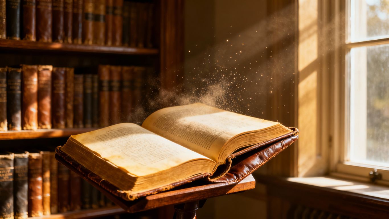 Bookshelf with old books and sunlight.