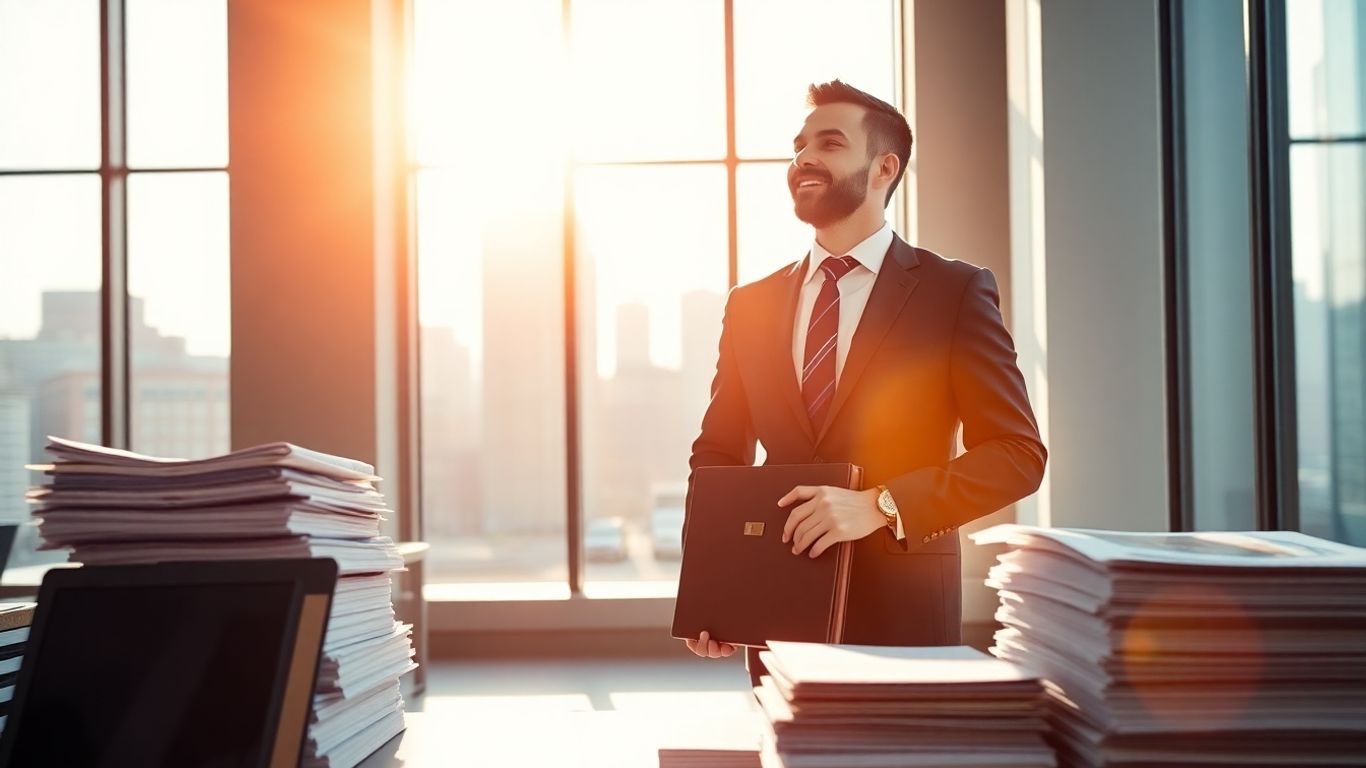 Investment banker in office with briefcase, looking forward.