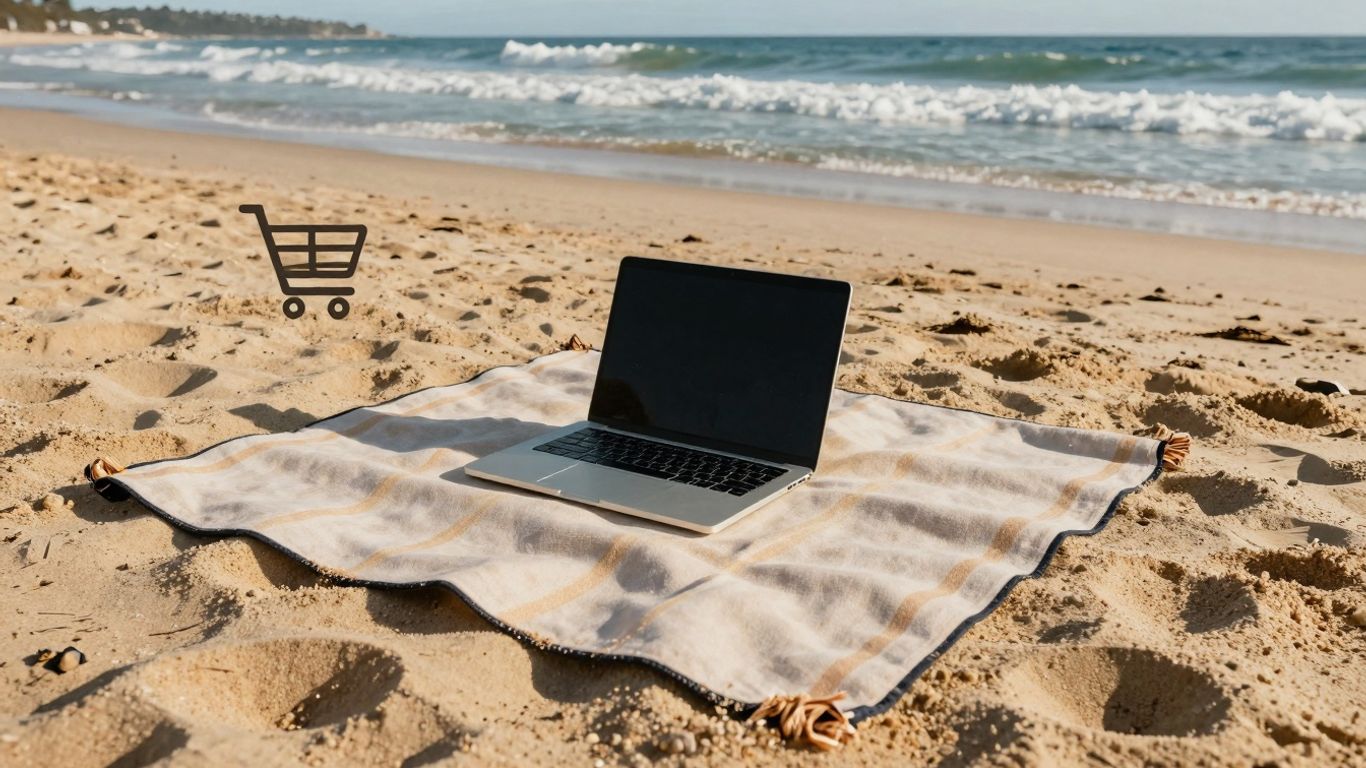 Australian beach with laptop and shopping cart.