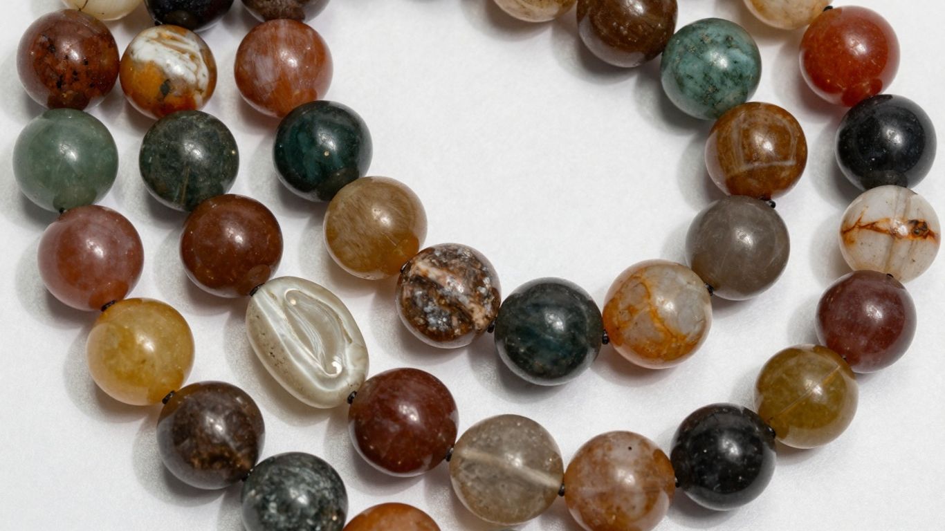 Navaratna mala with nine semi-precious gemstones.