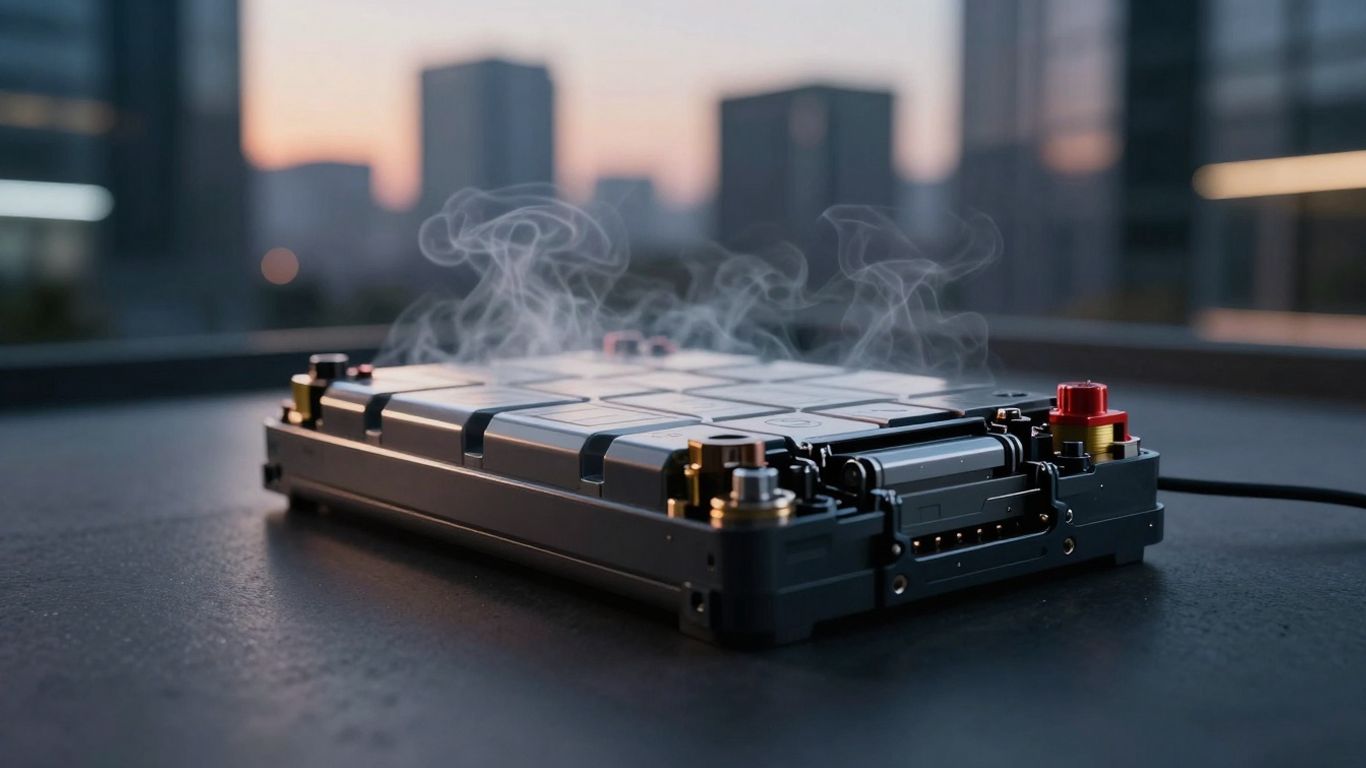 Electric vehicle battery pack with wisps of smoke.