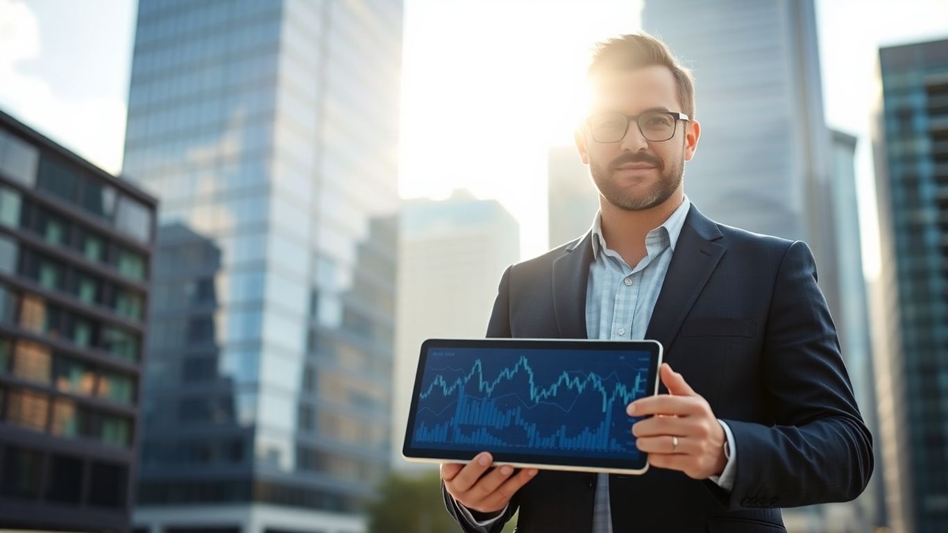 Investment strategist overlooking city, planning future success.