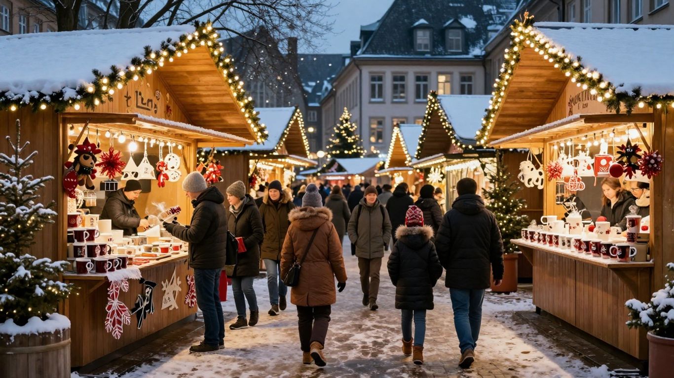 Weihnachtsmarkt in NRW mit Lichtern und Buden