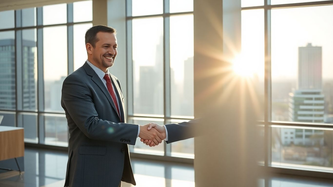 Broker shaking hands with client in office