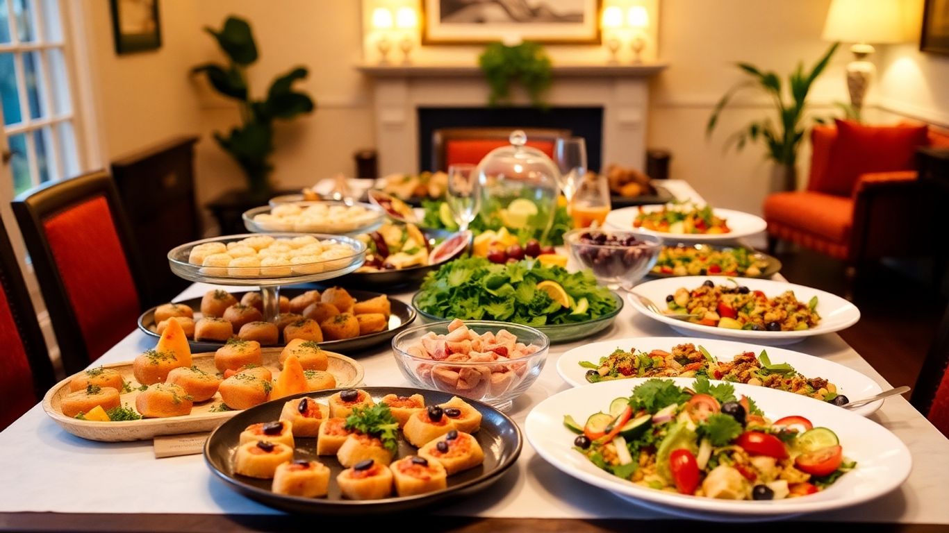 Table laden with delicious party food at home.