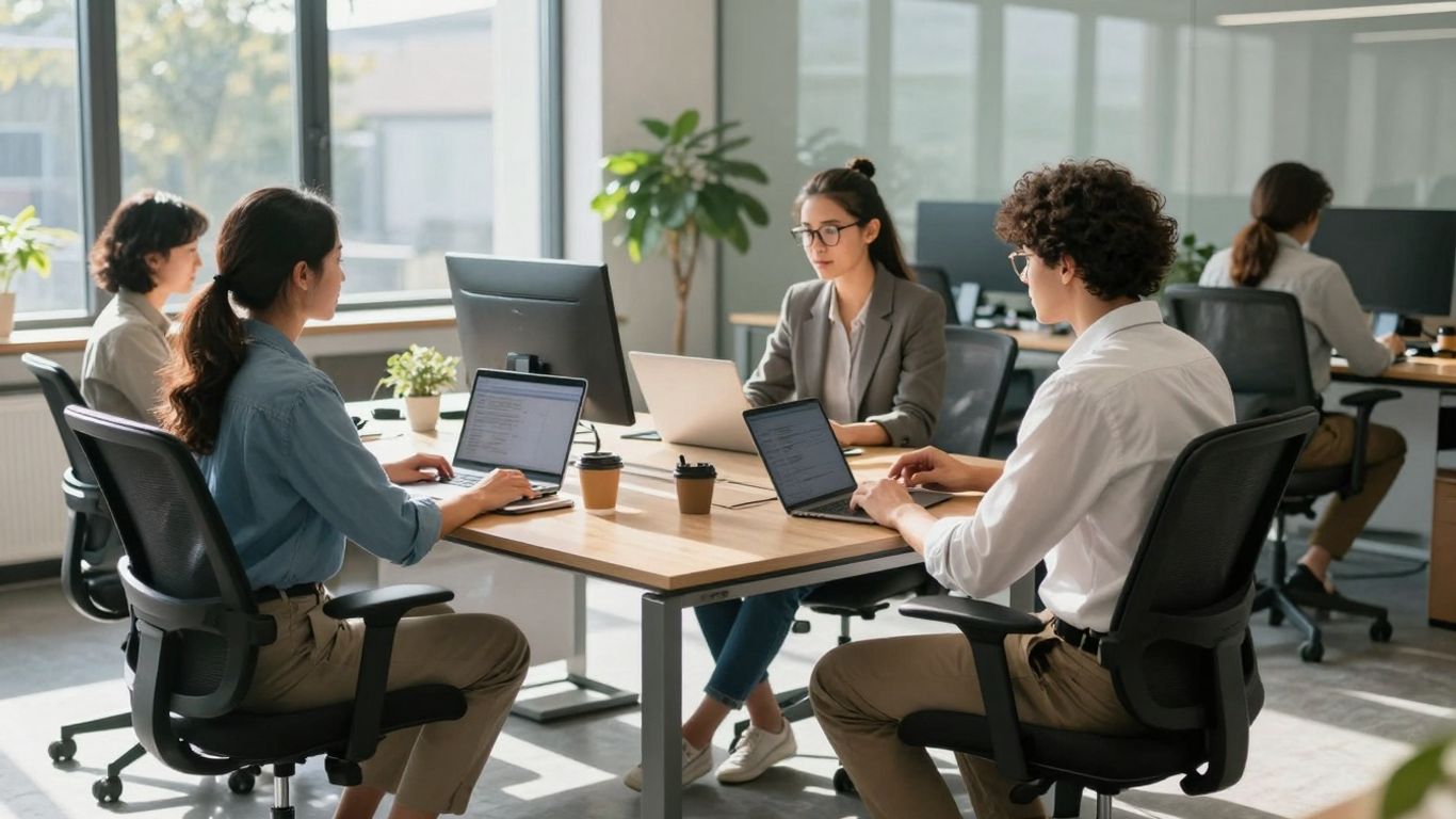 Marketing agency team collaborating in a bright office.