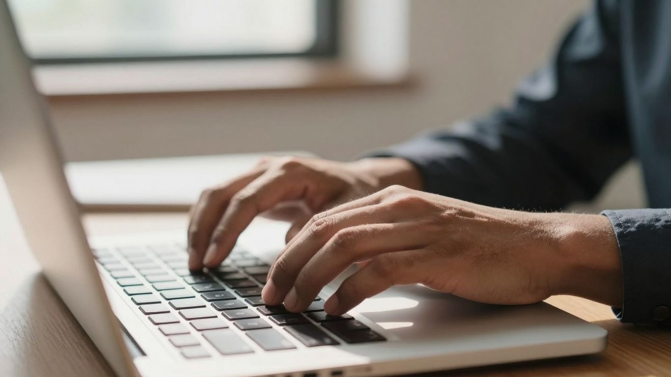 Persoon typt op laptop, begin sollicitatiebrief.