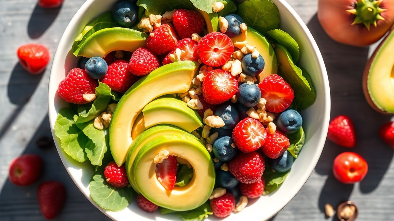 Colorful salad bowl with berries, greens, and avocado.