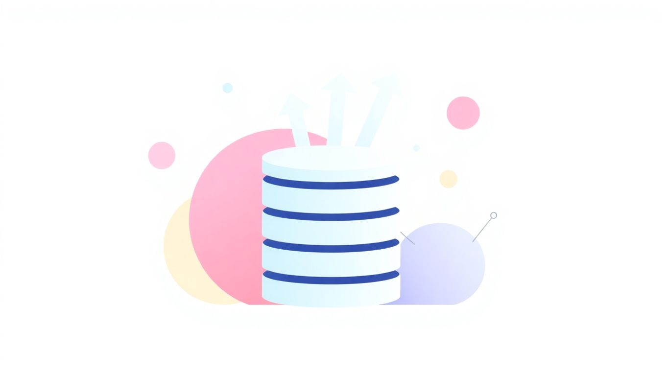 Database icon with growth arrows and abstract shapes.