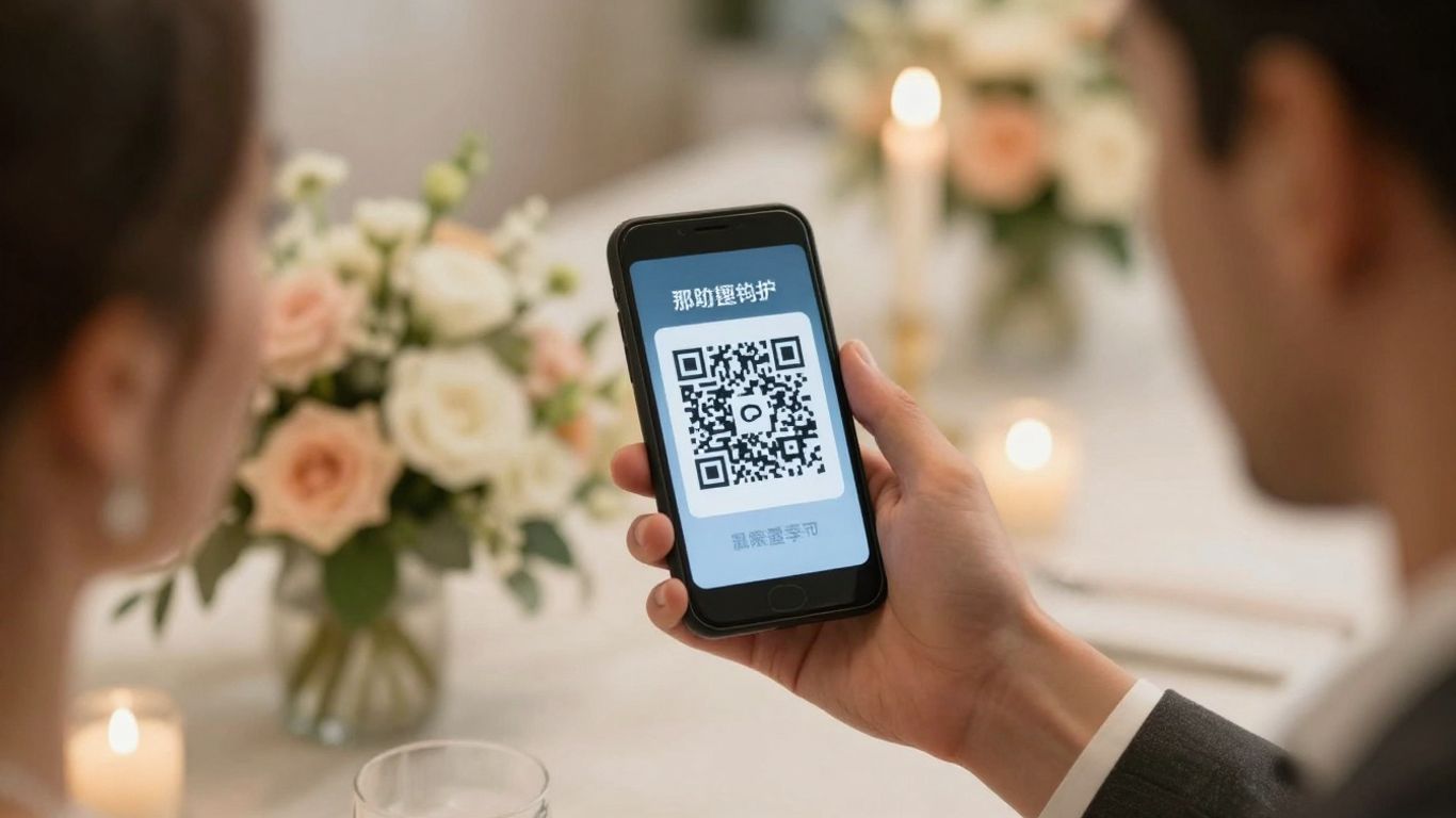 Wedding QR code on a smartphone screen.