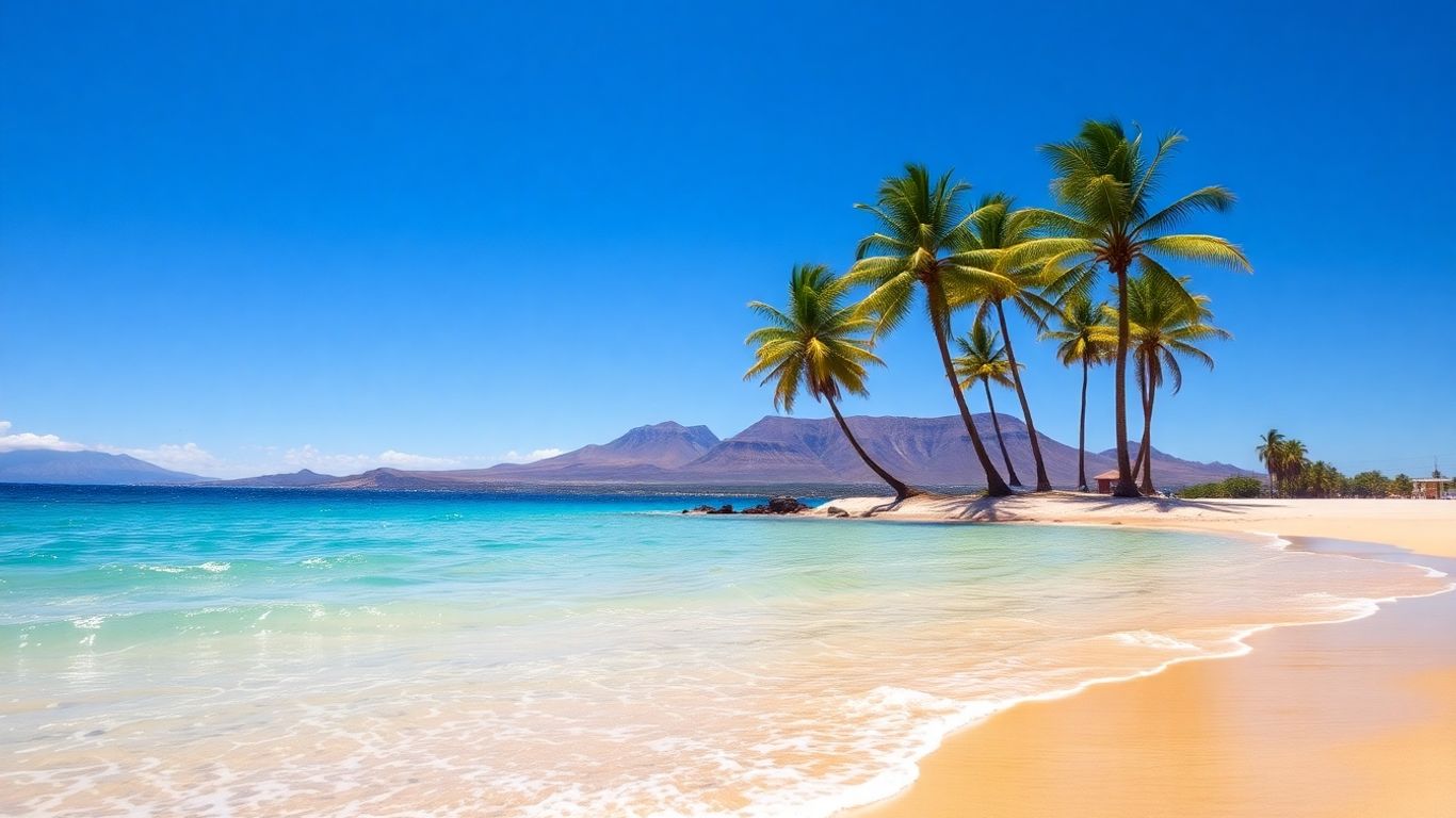Tenerife beach with palm trees and ocean.