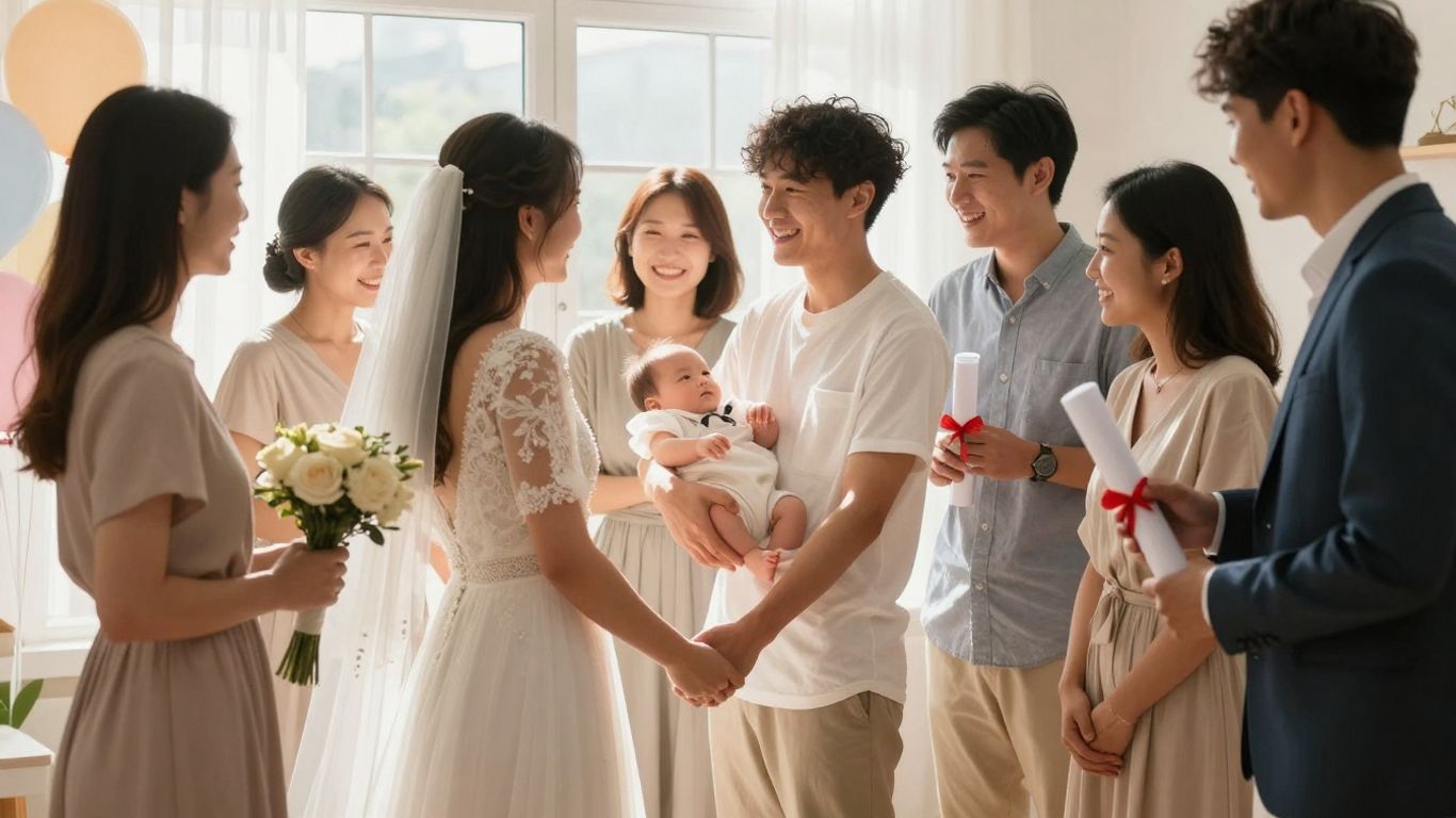 People celebrating life events like weddings, births, and graduations.