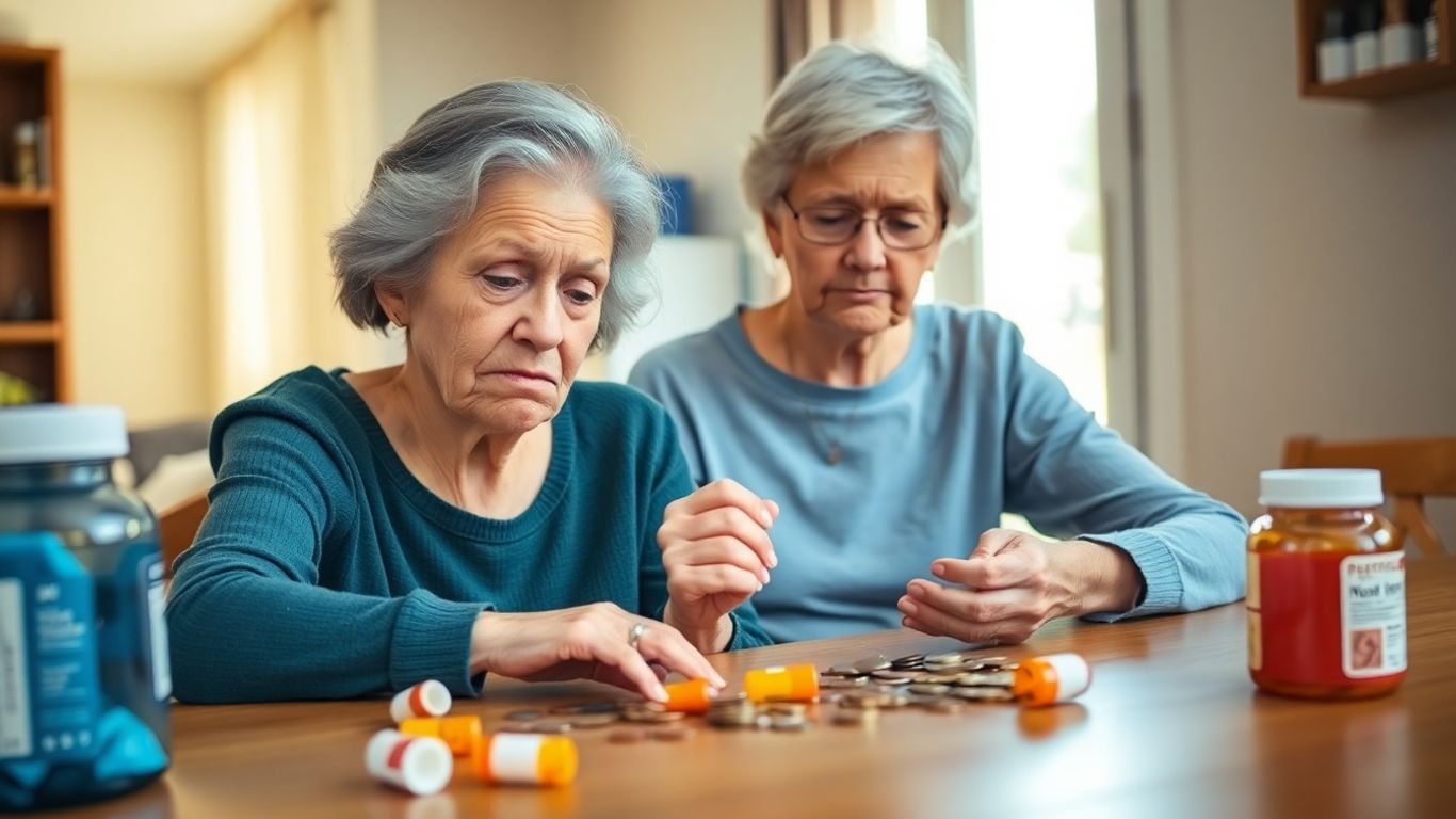 Femme âgée inquiète avec médicaments et pièces de monnaie