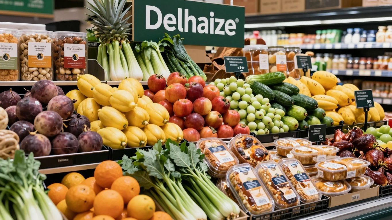 Delhaize supermarket display of fresh produce and goods.