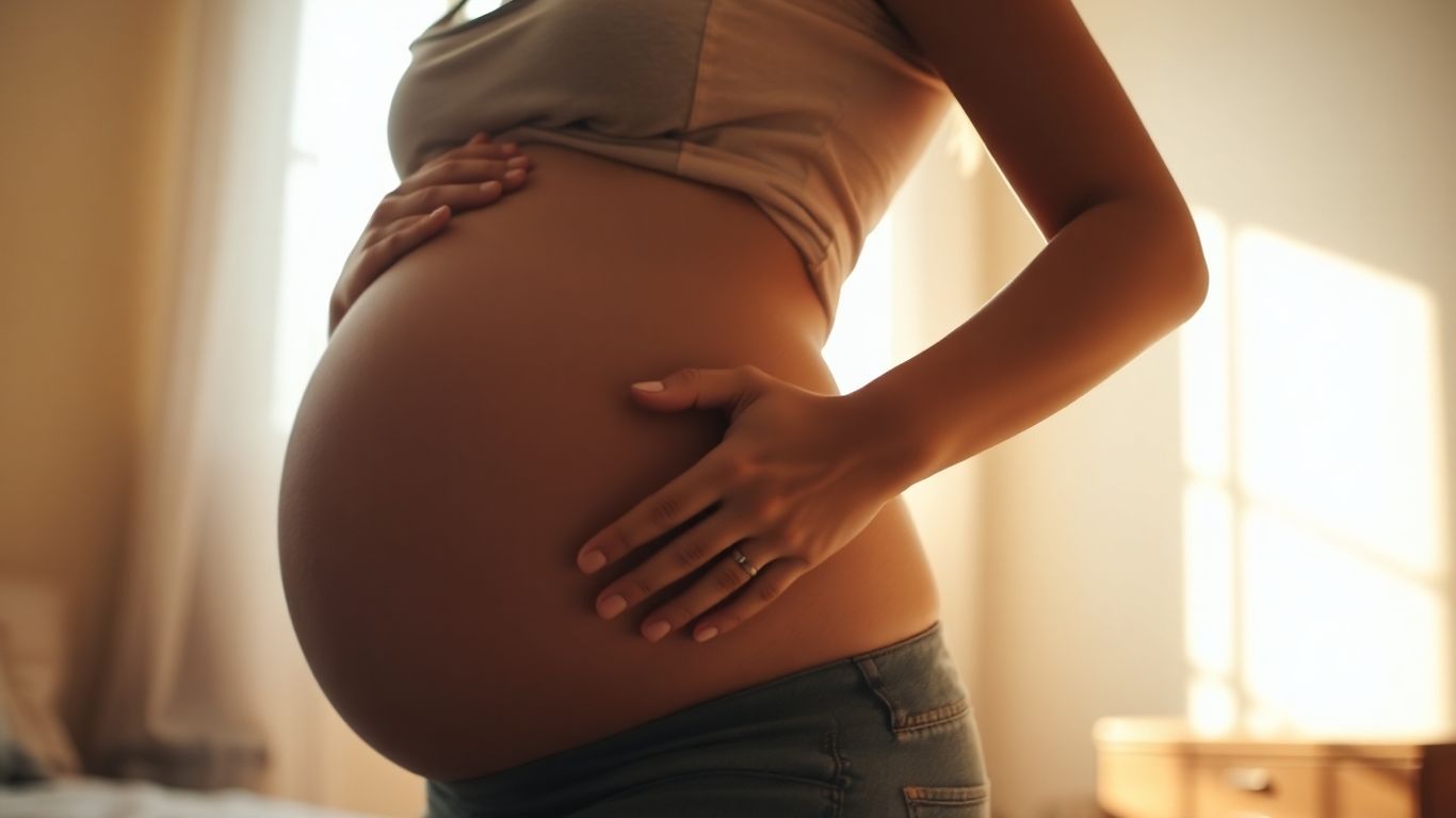 Mulher grávida tocando a barriga com um sorriso.