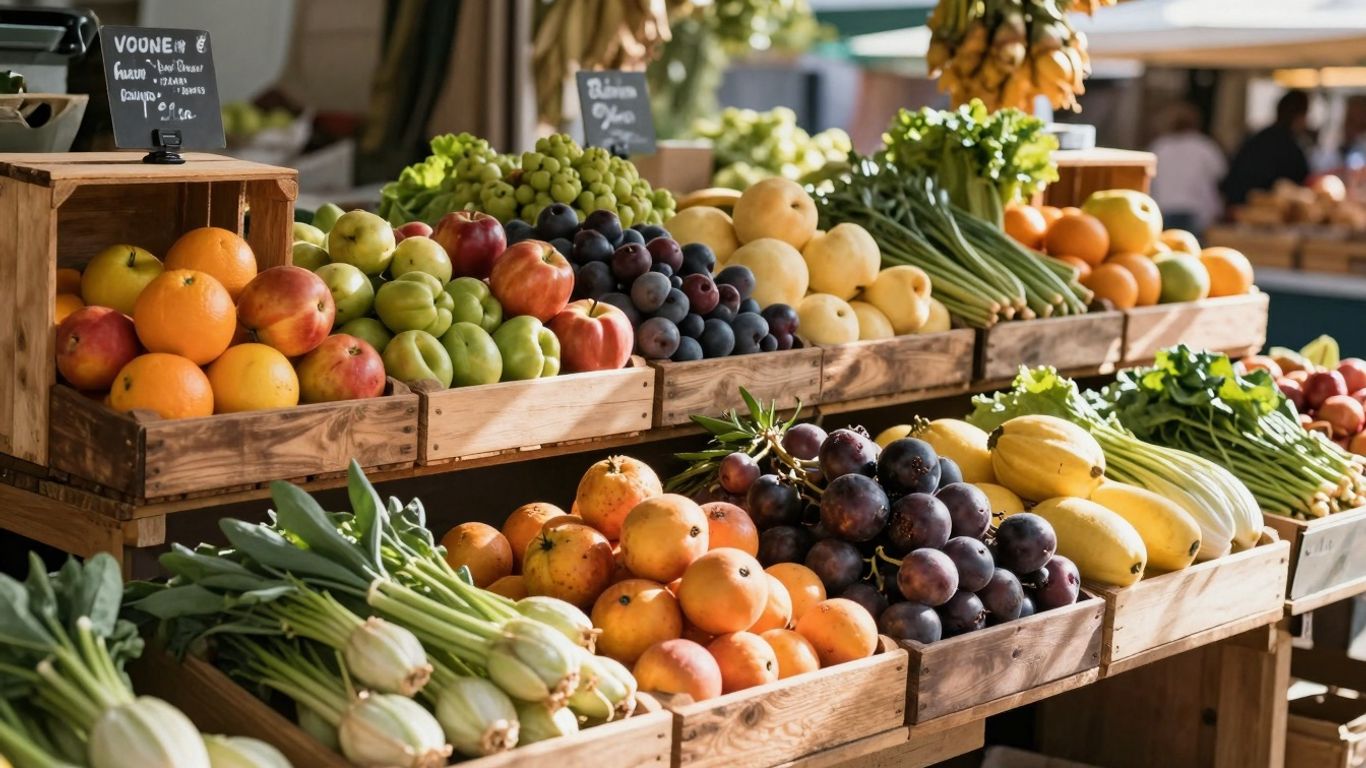 Colourful market stall display with fresh fruit and vegetables.
