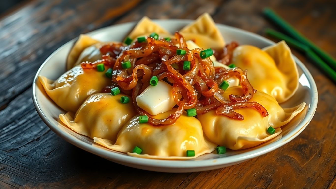 Plate of delicious pierogi with onions and chives.