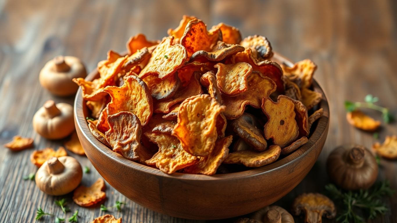 Crispy mushroom chips in a rustic bowl.