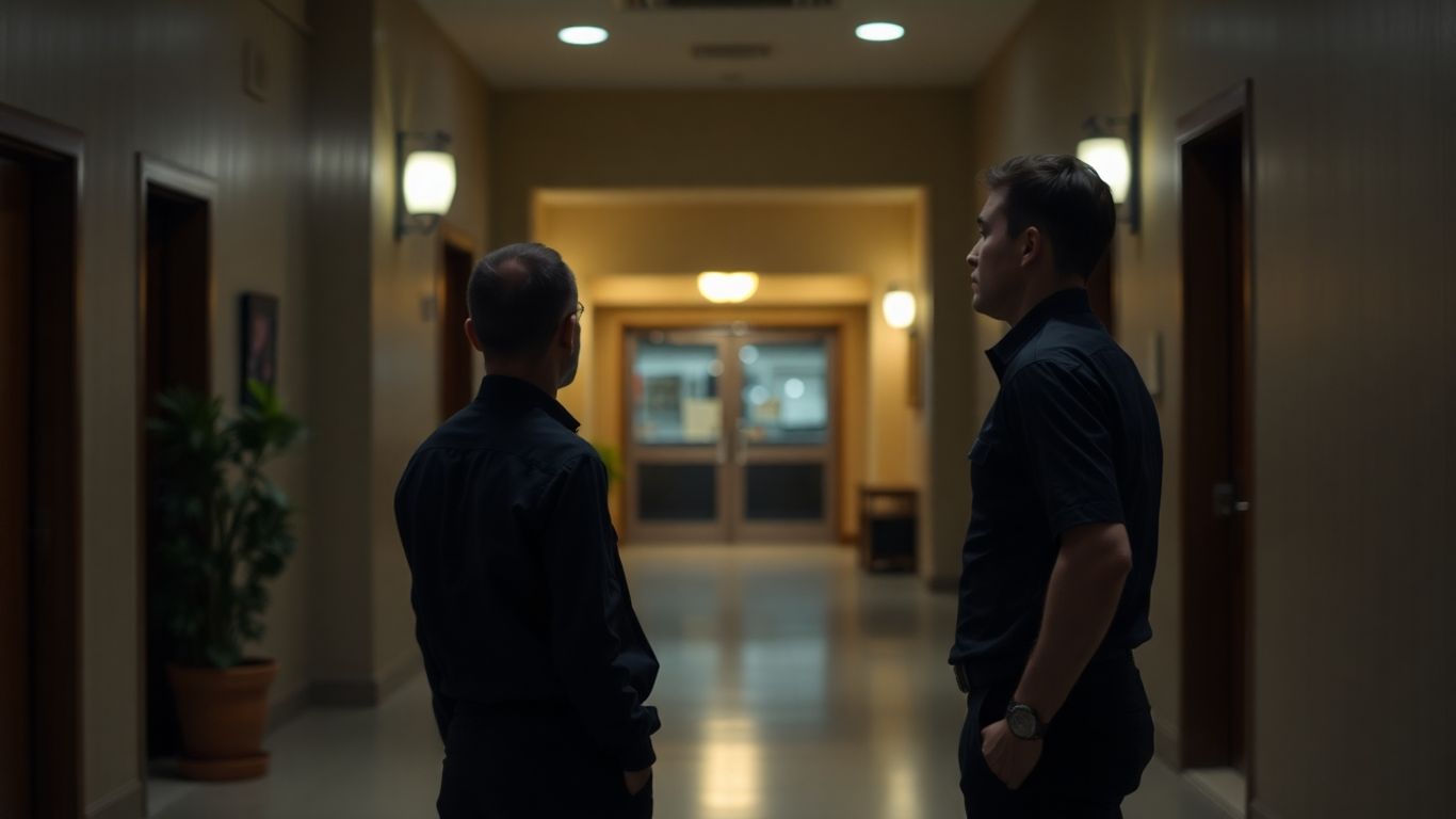 Night concierge on duty in a quiet hostel lobby.