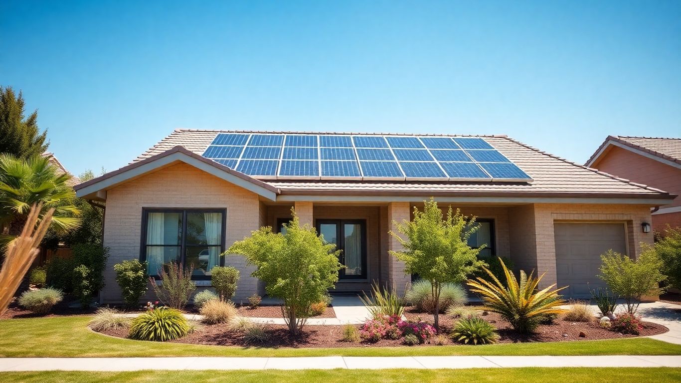 Maison moderne avec panneaux solaires sur le toit ensoleillé