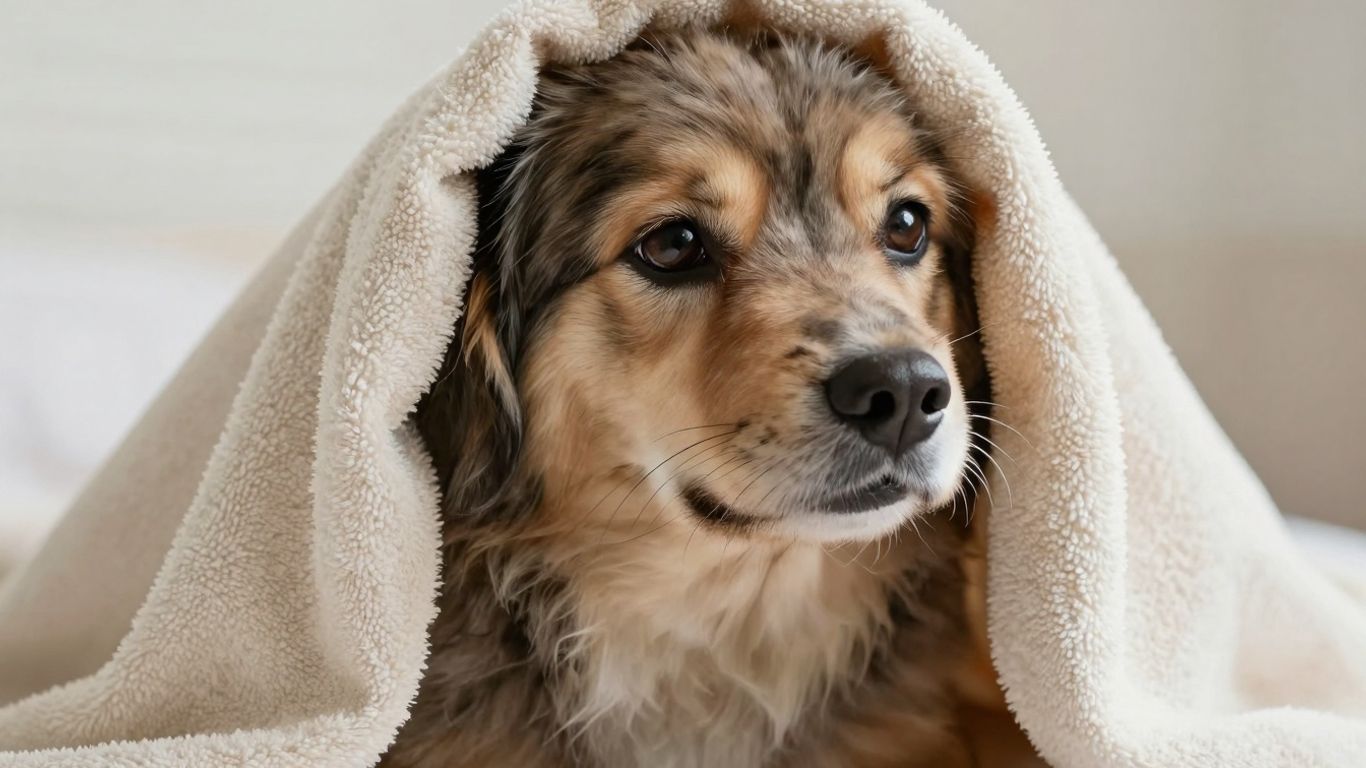 Dog wrapped in a warm towel after grooming.